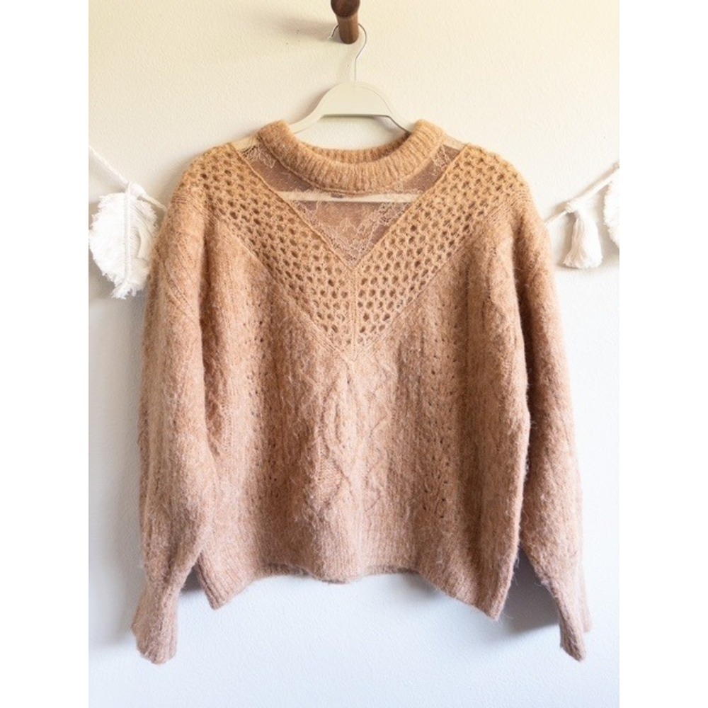 Express Tan‎ Brown Lace Yoke Knit Sweater Pullover Women's Medium Casual